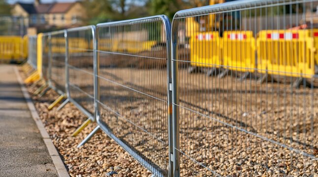 Temporary metal fence panels and yellow safety barriers on construction site