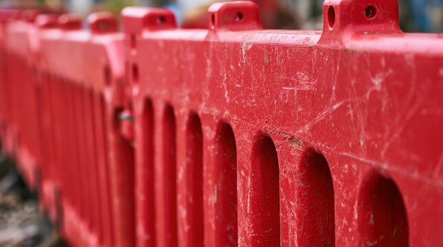 Red plastic safety barriers in row on construction site