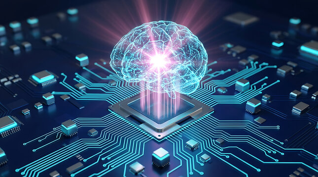 Glowing digital brain hovering above processor chip on circuit board