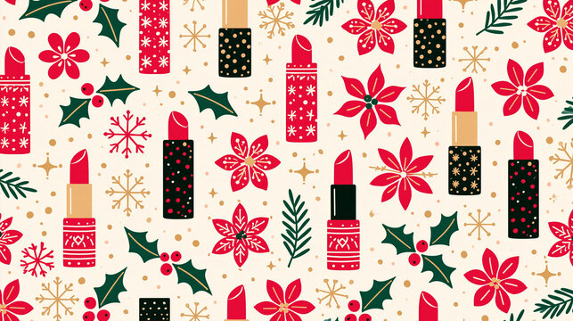 seamless pattern with red wine lipsticks and Christmas theme elements, Background with gold snowflakes, makeup against a soft beige background