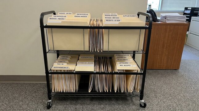 Rolling Filing Cart Stocked with Labeled Invoice Folders - Document Storage and Archive Concept