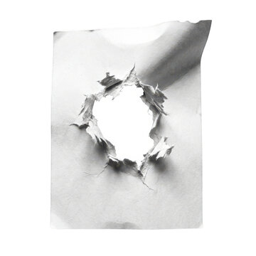 Torn paper sheet with a large ragged hole in the center isolated on transparent background
