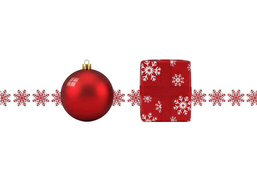 Red holiday ornament and gift box with snowflakes isolated on transparent background