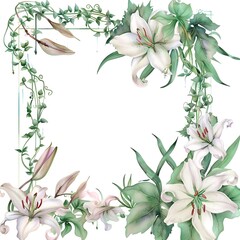 Obraz premium White lily flower frame and botanical border. Watercolor floral illustration with green leaves and vines