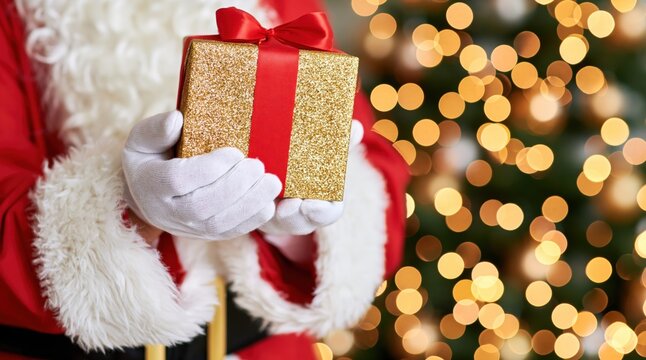 Santa claus holding golden glitter gift box with red ribbon