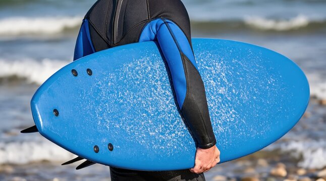 Surfer in wetsuit carrying blue surfboard at seashore