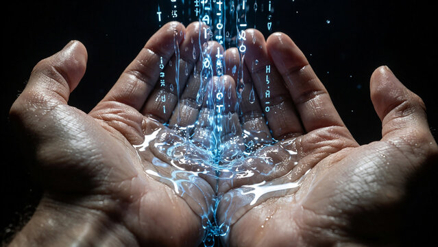 Glowing digital code washing over hands
