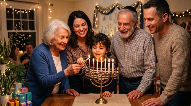 multi generational jewish family gathering around wooden table to light hanukkah menorah candles together at home