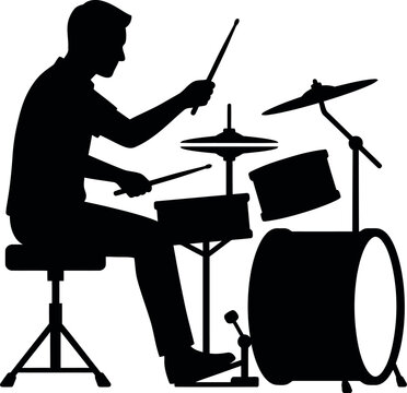 Drummer playing drum set in profile with clean background during a performance concept vector silhouette