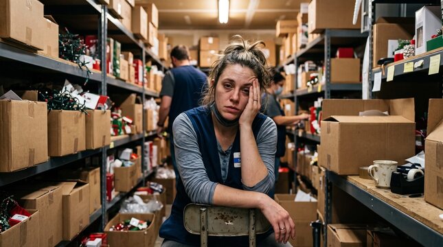 exhausted retail worker leaning face on hand sitting in cluttered stockroom during busy holiday shopping season