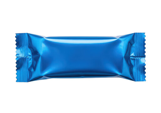 Shiny blue foil wrapped snack isolated on transparent background