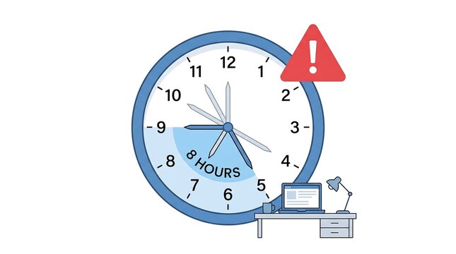 Eight hours clock face with warning sign and desk setup in professional flat vector illustration for corporate HR management concepts