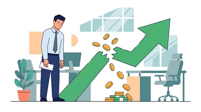 Sad businessman holding pay envelope while financial growth arrow breaks representing sudden salary decrease or corporate financial issues