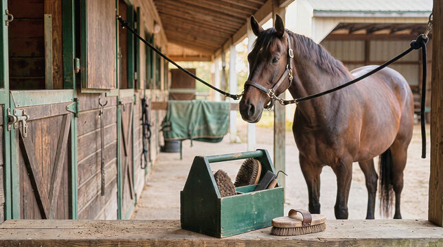 Green wooden horse grooming box with brushes on rustic ledge in stable aisle. Brown bay horse standing in cross ties along outdoor barn hallway during daily care routine in afternoon light