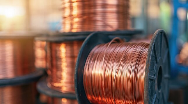 Spools of copper wire in industrial storage