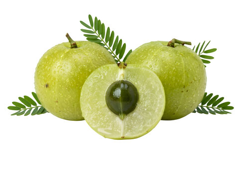 Fresh indian gooseberry or amla fruits with leaves isolated on transparent background