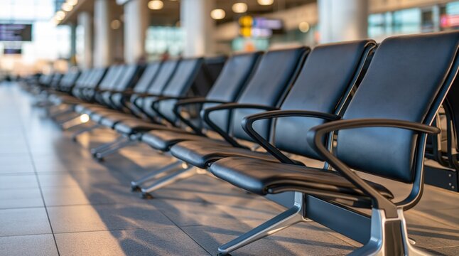 Empty black leather chairs in modern airport terminal waiting area