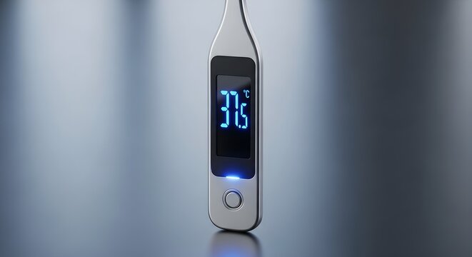 Modern digital thermometer displaying 38&deg;C on sleek minimalist background for health, wellness, and medical design