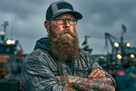 Middle aged bearded fisherman with tattoos posing in maritime harbor