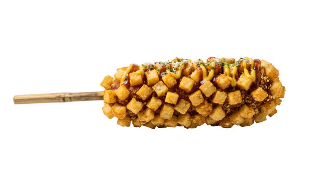 Crispy korean gamja potato hot dog stick with mustard isolated on transparent background