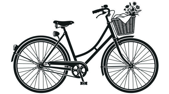 Vintage bicycle silhouette with floral arrangement in basket against a white background