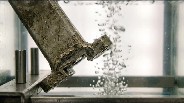 Vapor bubbles surging past a submerged nickel turbine shroud hanger bracket with flaking oxide scale along machined dovetail