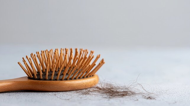 Hairbrush and fallen hair on light textured surface representing hair loss