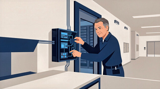 Technician holding keycard to operate digital door access control panel outside server room. Facility security maintenance and system inspection in modern corporate hallway illustration