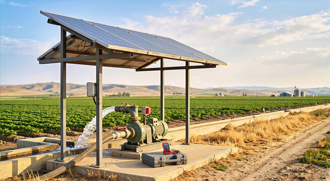 Solar powered water pump pumping water into irrigation channel in agricultural field. Renewable energy farming system with photovoltaic panels, electric motor pump and diagnostic tools outdoors
