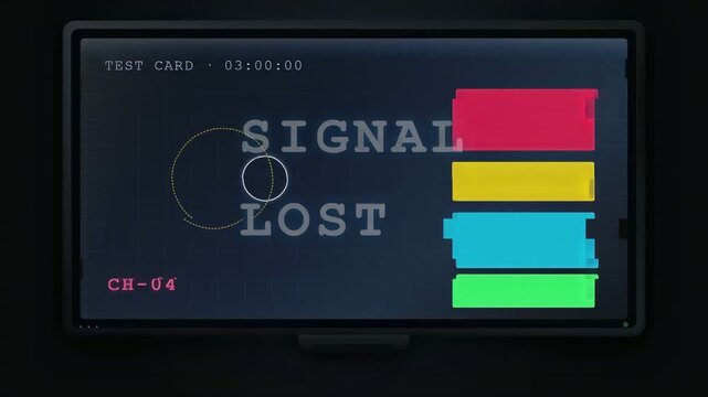 Retro Television Screen Displaying Signal Lost Message with Colorful Test Pattern and Glitch Effects