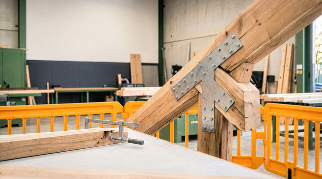 Structural timber roof joint with heavy duty steel plate connector bolted on wooden beam in woodworking workshop. Industrial carpentry timber frame construction assembly site with yellow barrier
