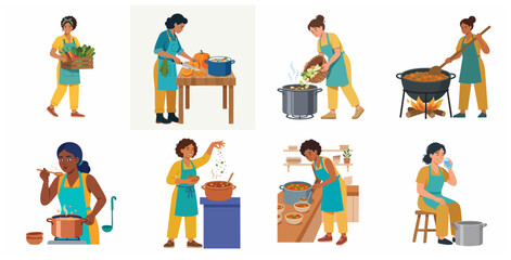 Fototapeta premium Set of Diverse Women Cooking Healthy Soup and Preparing Fresh Vegetables in Kitchen Vector Illustration