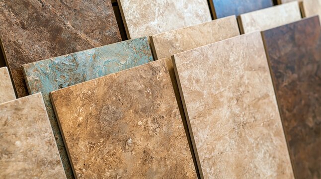 Selection of ceramic floor tile samples in various colors and textures