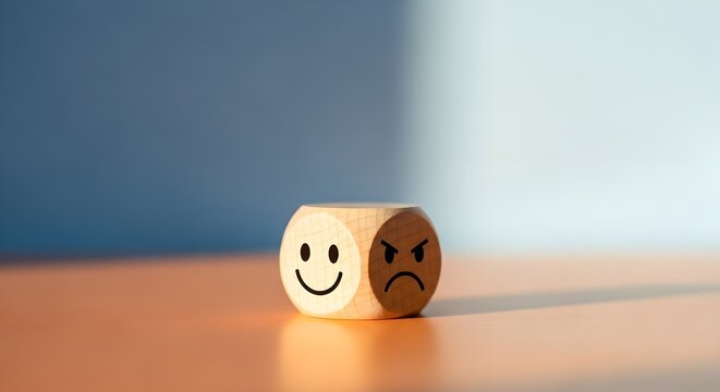 Minimalist wooden dice with happy and sad faces, contrasting emotions concept for branding and marketing