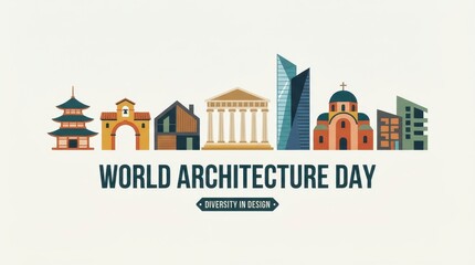 Obraz premium World Architecture Day colorful building icons set with diversity in design text