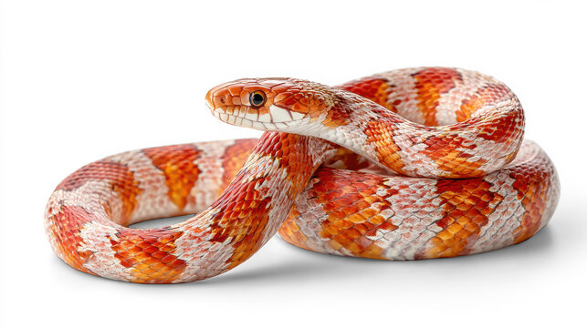 Coiled orange and white corn snake close up isolated on transparent background with detailed scales
