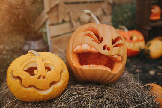 Ghost pumpkins on Halloween. ead Jack on an autumn background. Holiday outdoor decorations