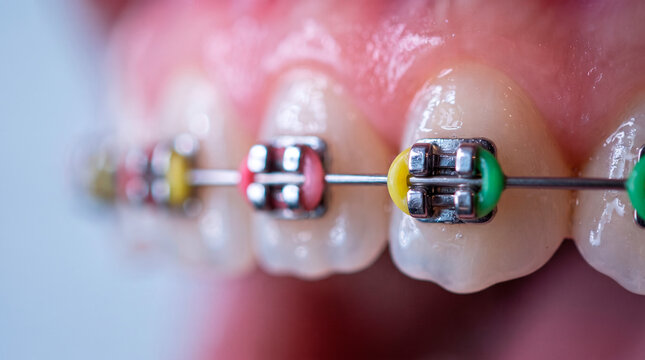 Close up of human teeth with colorful orthodontic braces for dental alignment and correction