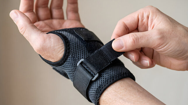 Close-up of hands adjusting the straps of a wrist support brace