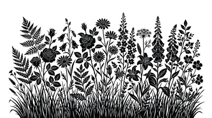 Fototapeta premium Wildflower silhouette depicts a dense botanical arrangement against a white background