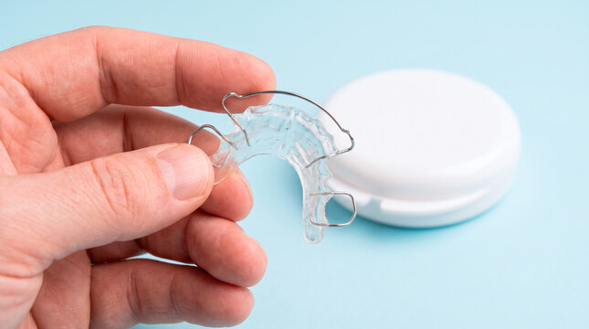 Hand holding a clear dental retainer with a white storage case on a light blue background