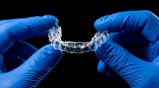 Dentist holding a clear plastic dental aligner for teeth straightening against black background