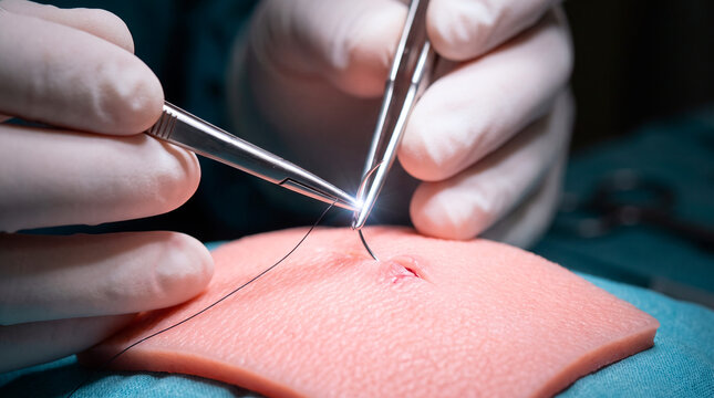 Surgeon performing a surgical suture on a medical training pad with professional instruments