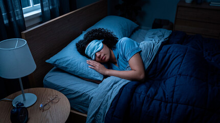 Fototapeta premium Young woman sleeping peacefully in bed at night wearing a comfortable blue sleep eye mask cover