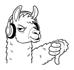 Fototapeta premium Llama with Headphones Giving Thumbs Down Skeptical Alpaca Cartoon Outline Vector Illustration