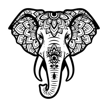 Ornate Mandala Elephant Head Tattoo and Coloring Page Vector Illustration in Tribal Bohemian Style