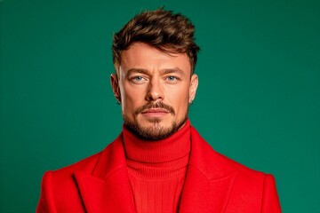 Fototapeta premium portrait of a serious man with short beard wearing a red turtleneck and coat on a green background