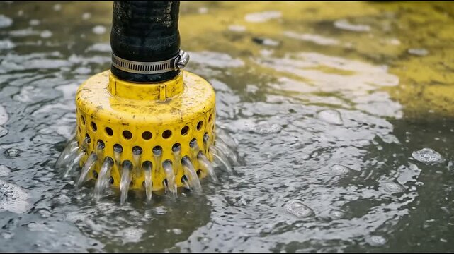 Yellow polyethylene suction strainer receiving swirling runoff liquid through circular perforations while submerged in shallow water