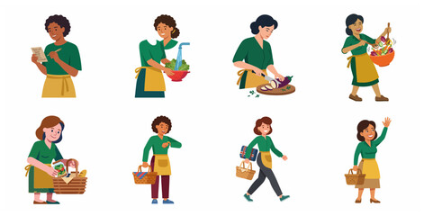 Fototapeta premium Diverse Set of Women Characters Cooking Healthy Food and Preparing for a Picnic