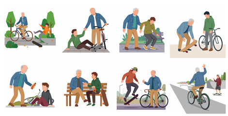 Fototapeta premium Set of illustrations showing a grandfather and grandson bonding through outdoor activities, including skateboarding and cycling, highlighting support, mentorship, and intergenerational connection.